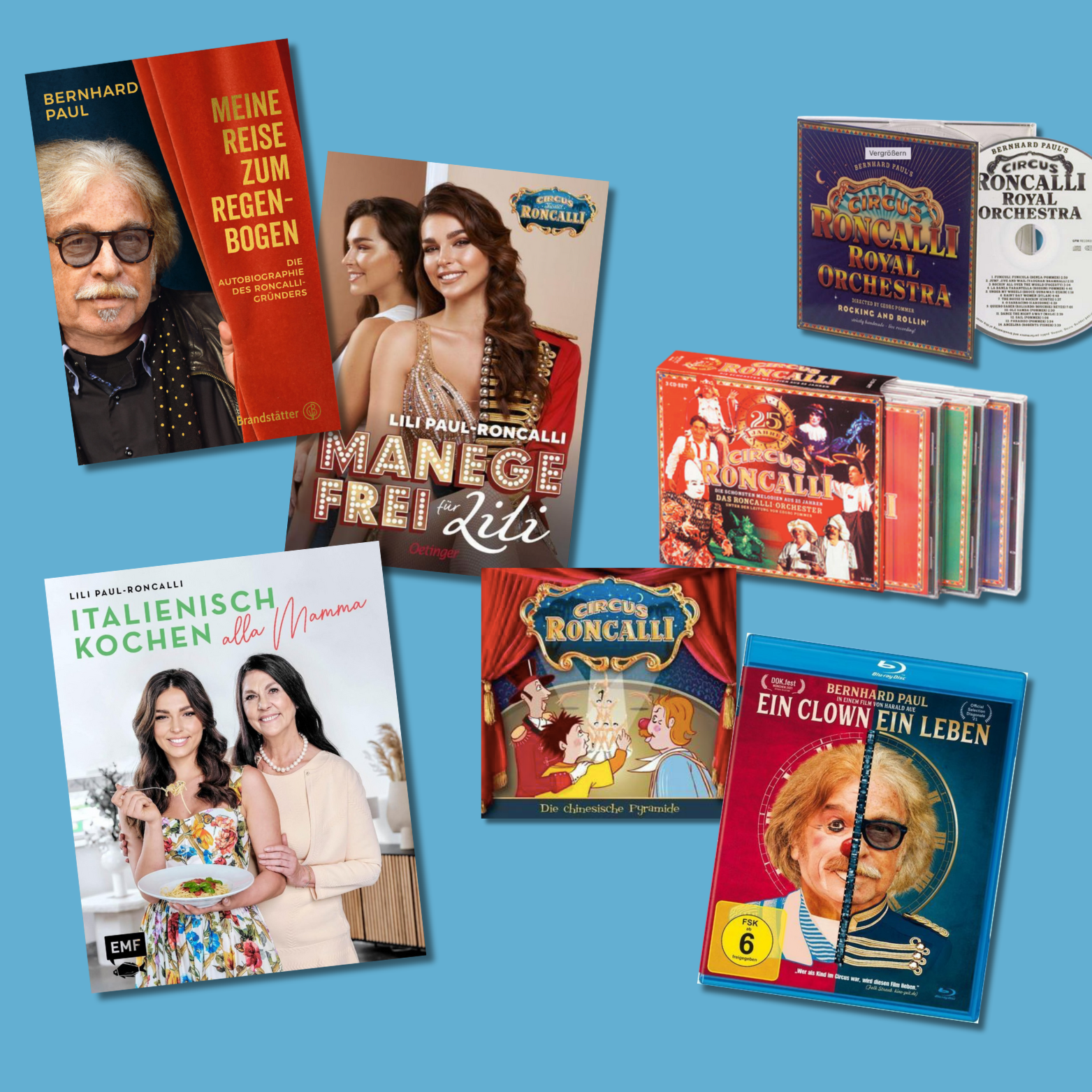Auswahl an Roncalli-Büchern, Musik-CDs und DVDs rund um Zirkus und Familie.