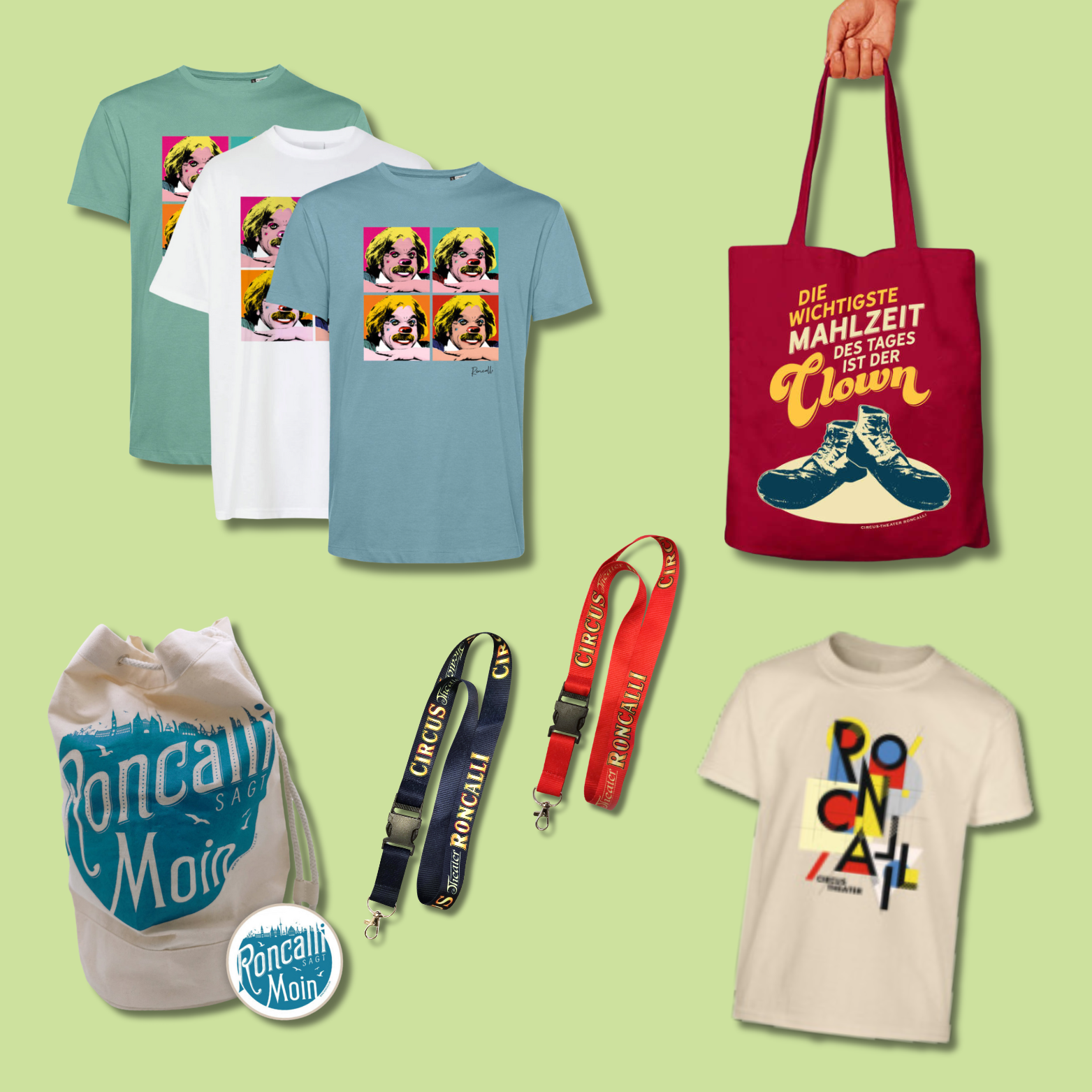 T-Shirts, Taschen und Schlüsselbänder im Roncalli-Stil – bunt, kreativ und zirkusnah.