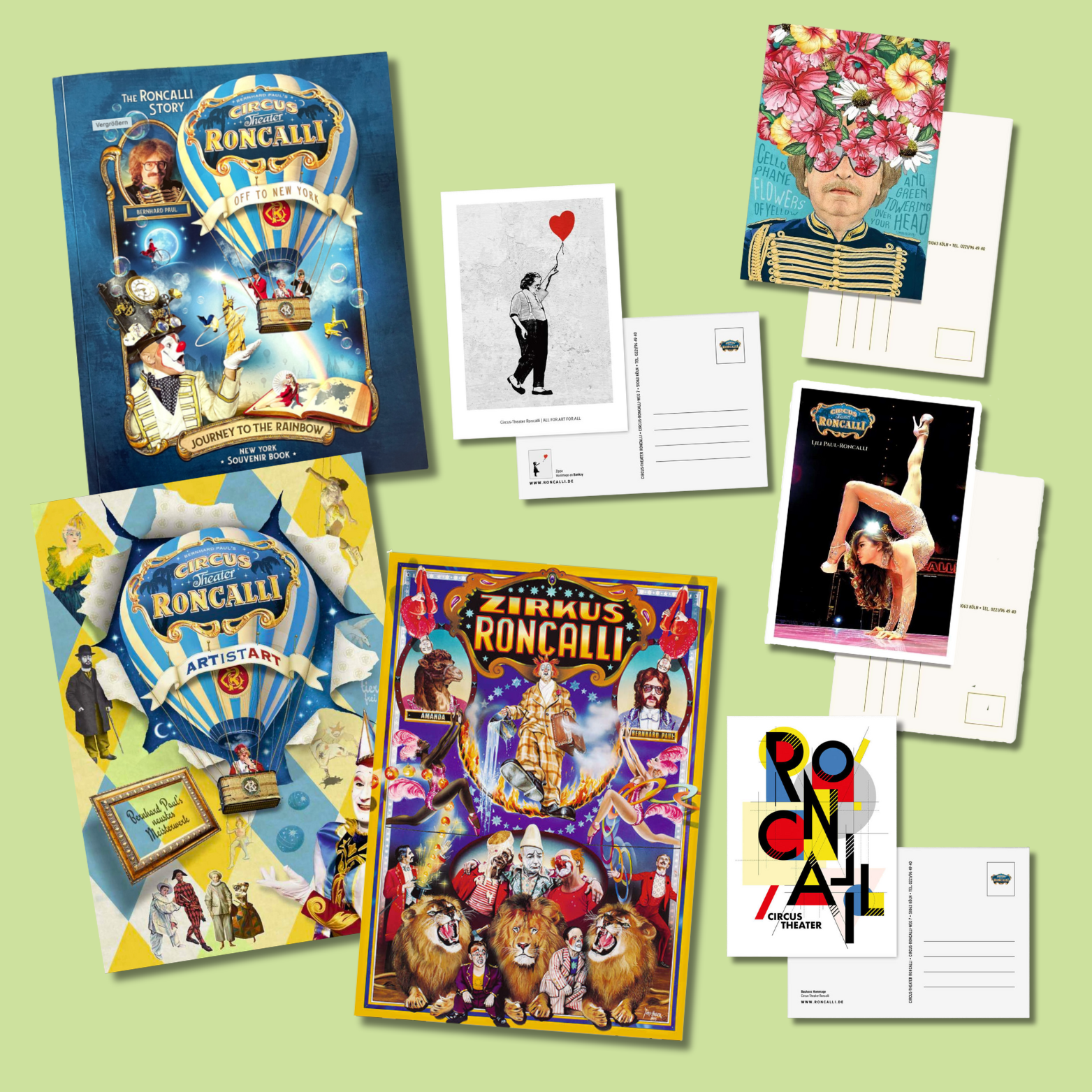 Bunte Auswahl an Roncalli-Postern und -Postkarten mit Zirkusmotiven und Künstlerporträts.
