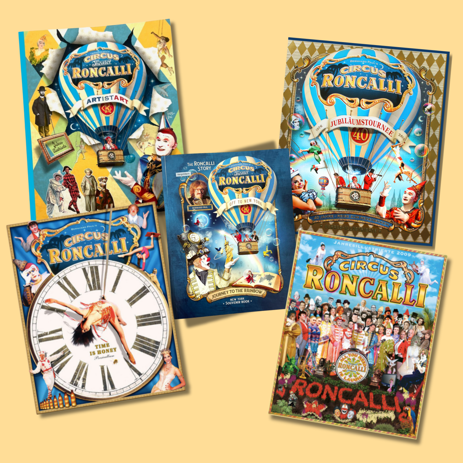 Collage von fünf bunten Circus Roncalli Programmheften mit Zirkusmotiven.