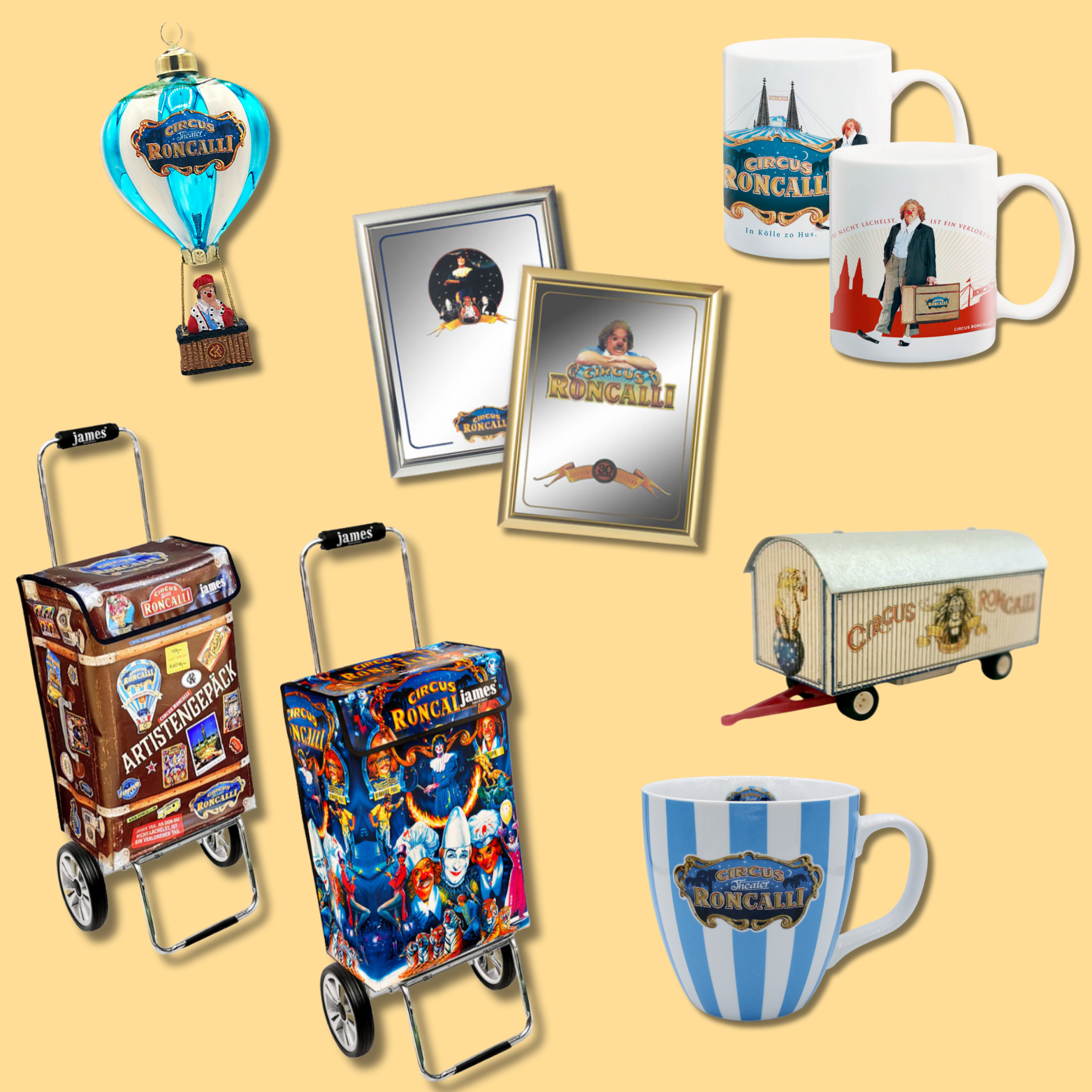 Dekoartikel und praktische Accessoires mit Roncalli-Motiven – darunter Tassen, Einkaufstrolleys und Bilderrahmen.